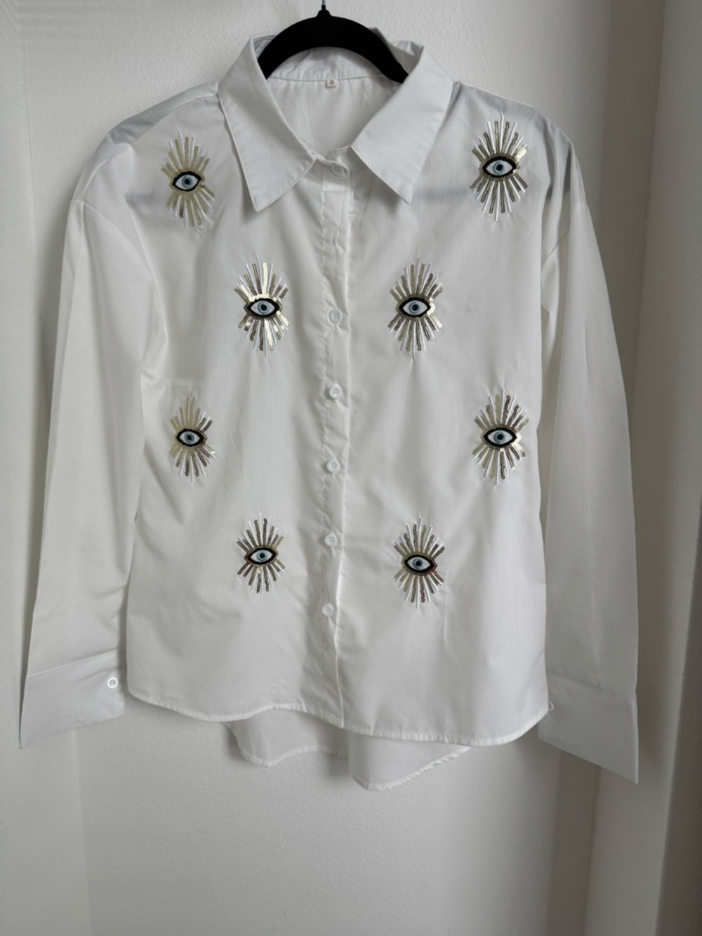 White Embellished Eye Button-Up Shirt